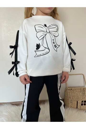 Kız Çocuk Şerit Detaylı Kurdela Baskı Eşofman Takım