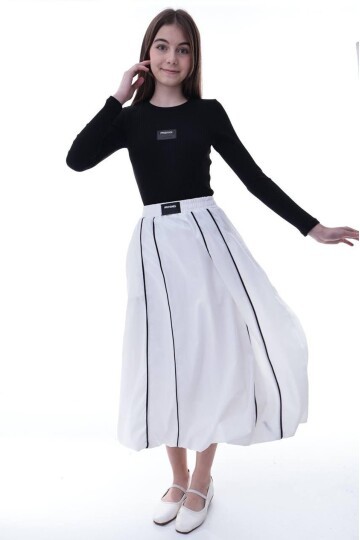 Kız Çocuk Şeritli Balon Etek Beyaz