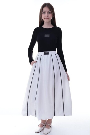 Kız Çocuk Şeritli Balon Etek Beyaz