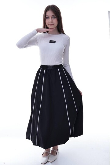 Kız Çocuk Şeritli Balon Etek Siyah