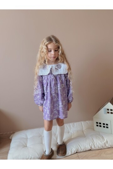 Kız Çocuk Yaka Nakışlı Astarlı Keten Elbise