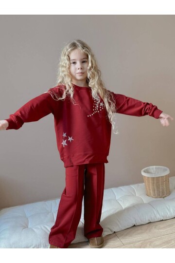 Kız Çocuk Yıldız Taş Baskılı Bordo Eşofman Takımı