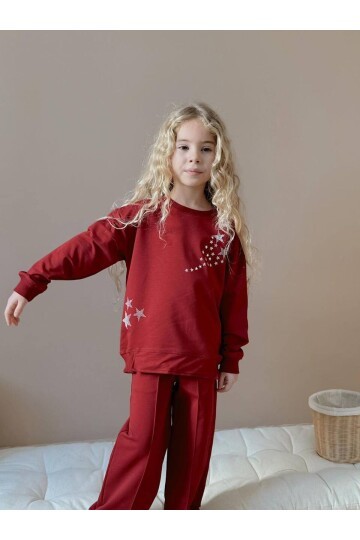 Kız Çocuk Yıldız Taş Baskılı Bordo Eşofman Takımı