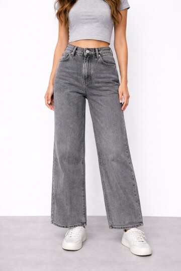 Koyu Gri Geniş Paça Jean