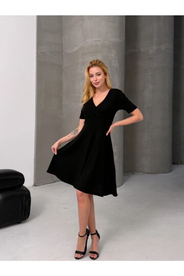 Kruvaze V Yaka Kısa Kollu Kloş Elbise Siyah