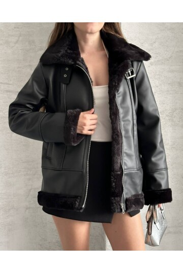 Kürk Detaylı Biker Deri Mont
