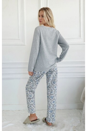 Love Motif Gri Çiçek Desenli Kadın Pijama Takımı