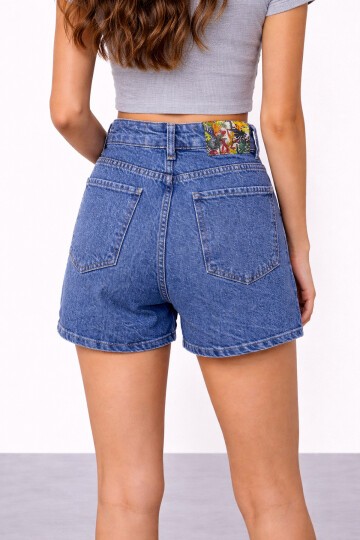 Mavi Yüksek Bel Jean Şort