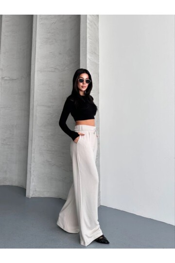 Modal Kumaş Bel Detay Pantolon Krem