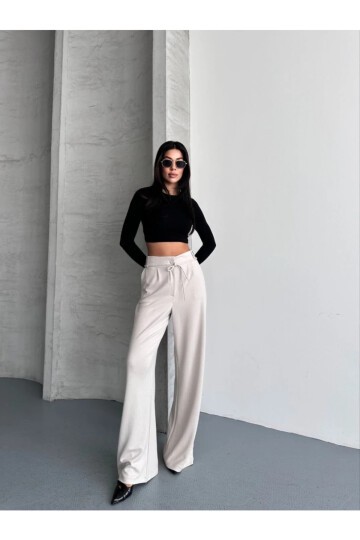 Modal Kumaş Bel Detay Pantolon Krem