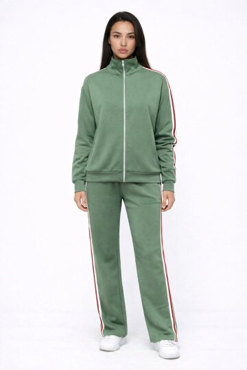 Modal Kumaş Tam Fermuarlı Şeritli Eşofman Takımı Yeşil