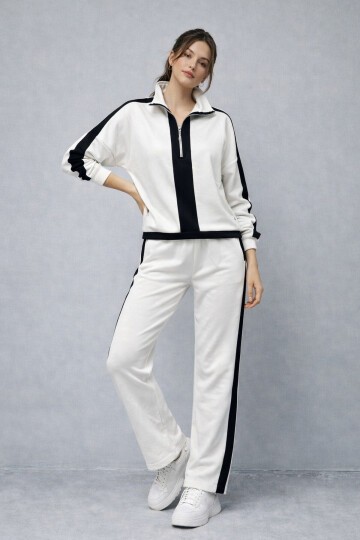 Modal Kumaş Yarım Fermuarlı Şeritli Eşofman Takımı Beyaz