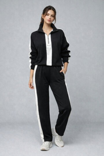 Modal Kumaş Yarım Fermuarlı Şeritli Eşofman Takımı Siyah