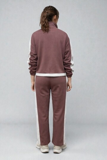 Modal Kumaş Yarım Fermuarlı Şeritli Eşofman Takımı Gül Kurusu