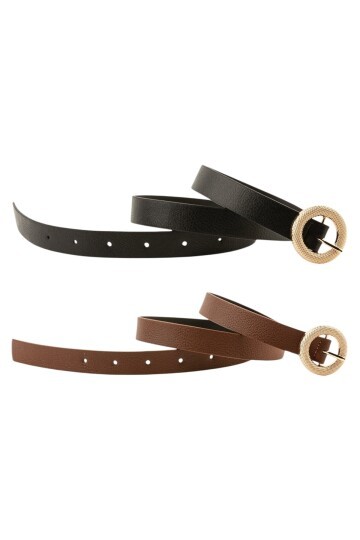 Mozaik Yuvarlak Tokalı İkili Set Siyah_Taba Kadın Kemeri