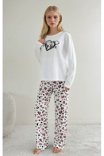 My Love Baskılı Kadın Pijama Takımı Kalp Desenli Leopar Alt