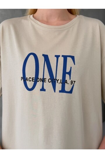 ONE Yazı Baskılı Oversize Kadın Tişört Bej