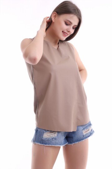 Önü Deri Arkası Triko Kolsuz Bluz VIZON