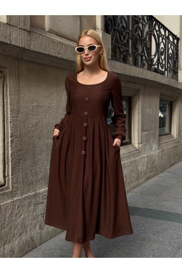 Ottoman Kumaş Düğme Detay Elbise Kahve