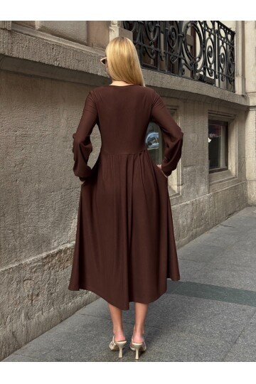 Ottoman Kumaş Düğme Detay Elbise Kahve
