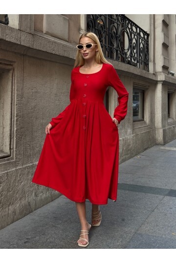 Ottoman Kumaş Düğme Detay Elbise Kırmızı