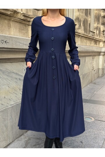 Ottoman Kumaş Düğme Detay Elbise Lacivert
