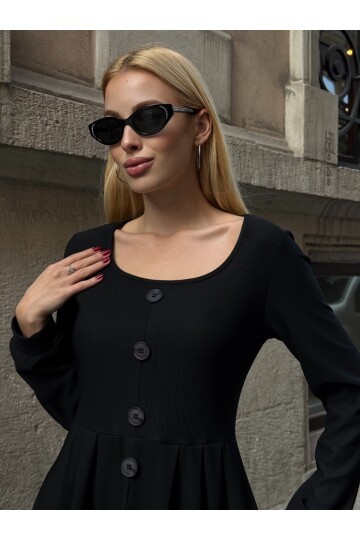 Ottoman Kumaş Düğme Detay Elbise Siyah