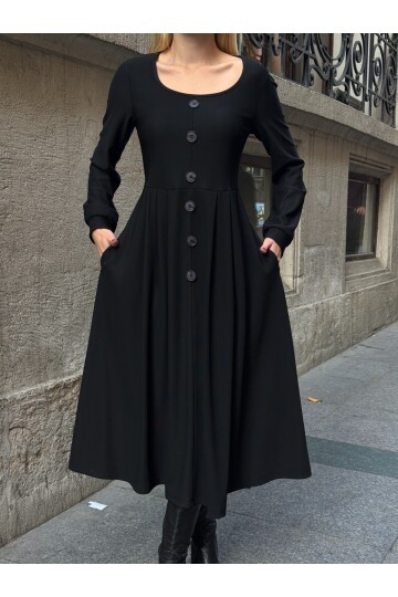 Ottoman Kumaş Düğme Detay Elbise Siyah