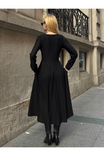 Ottoman Kumaş Düğme Detay Elbise Siyah