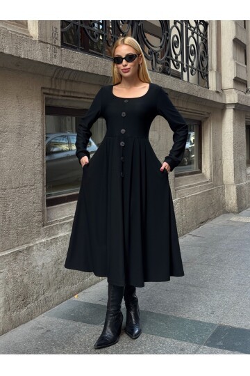 Ottoman Kumaş Düğme Detay Elbise Siyah