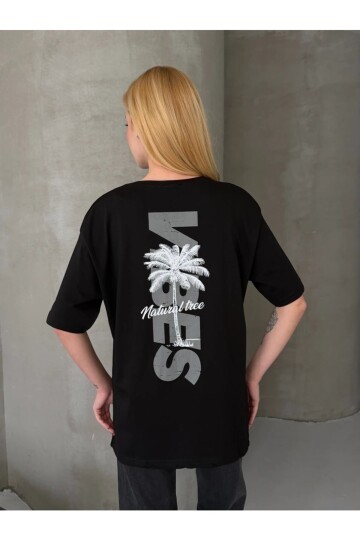 Palmiye Baskılı Sırt Baskı Detay Oversize Kadın Tişört - Siyah