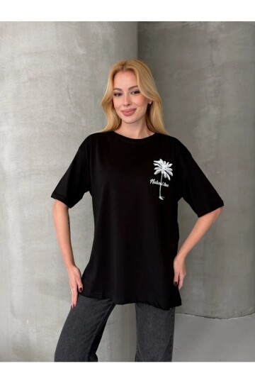 Palmiye Baskılı Sırt Baskı Detay Oversize Kadın Tişört - Siyah