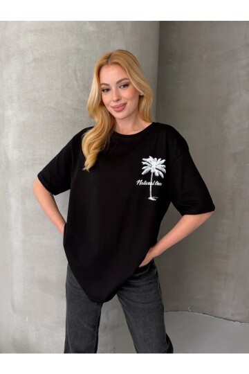 Palmiye Baskılı Sırt Baskı Detay Oversize Kadın Tişört - Siyah
