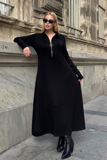 Polo Yaka Fermuarlı Çift Cep Rahat Kesim Elbise