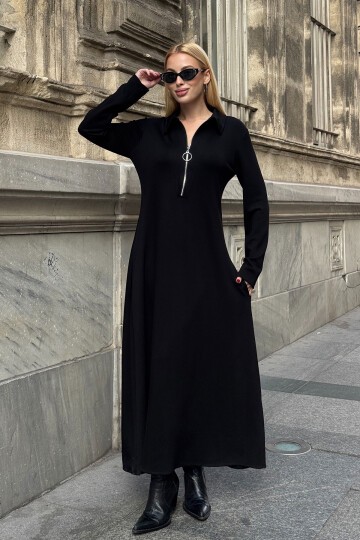 Polo Yaka Fermuarlı Çift Cep Rahat Kesim Elbise