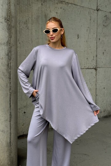 Rahat Kalıp Asimetrik Bluz Ve Pantolon Modal Kumaş Takım