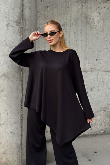 Rahat Kalıp Asimetrik Bluz Ve Pantolon Modal Kumaş Takım Siyah