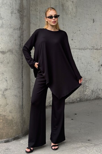 Rahat Kalıp Asimetrik Bluz Ve Pantolon Modal Kumaş Takım Siyah