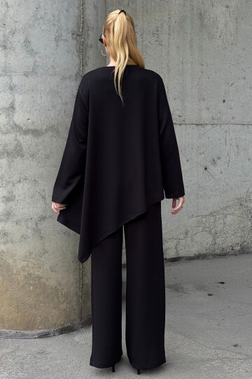 Rahat Kalıp Asimetrik Bluz Ve Pantolon Modal Kumaş Takım Siyah