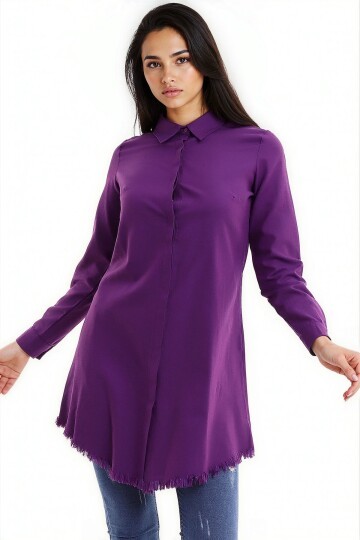 Şamre Eteği Püsküllü Uzun Gömlek Mürdüm