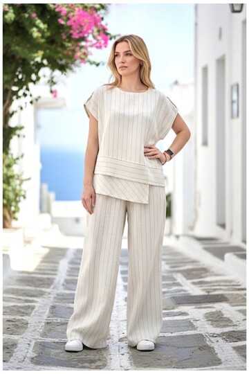 Siyah Çizgili Keten Alt Üst Takım