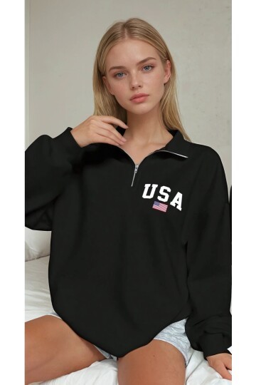 USA College Siyah Fermuarlı Oversize Sweatshirt