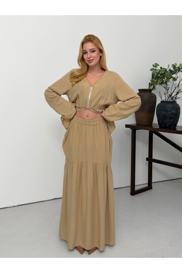 Viskon Kumaş Fermuar Detaylı Alt Üst Takım Bej