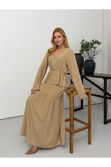 Viskon Kumaş Fermuar Detaylı Alt Üst Takım Bej