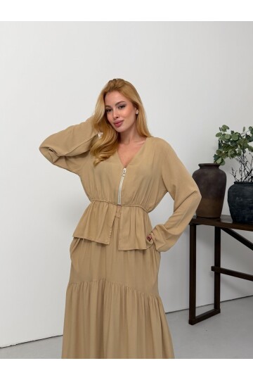 Viskon Kumaş Fermuar Detaylı Alt Üst Takım Bej