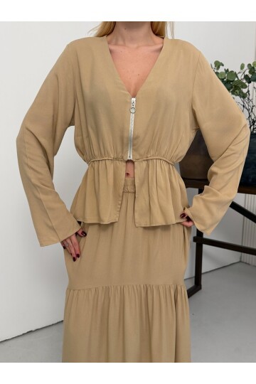 Viskon Kumaş Fermuar Detaylı Alt Üst Takım Bej