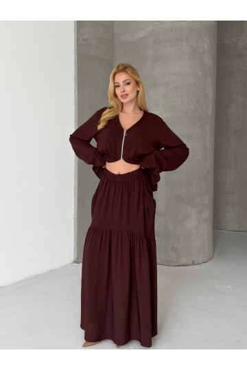 Viskon Kumaş Fermuar Detaylı Alt Üst Takım Kahve