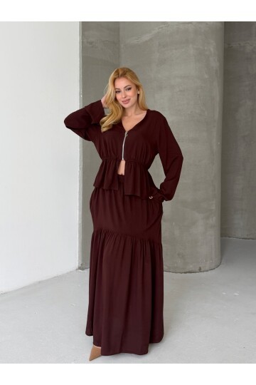 Viskon Kumaş Fermuar Detaylı Alt Üst Takım Kahve