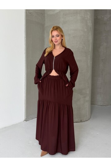 Viskon Kumaş Fermuar Detaylı Alt Üst Takım Kahve