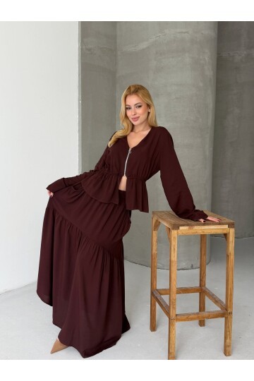 Viskon Kumaş Fermuar Detaylı Alt Üst Takım Kahve